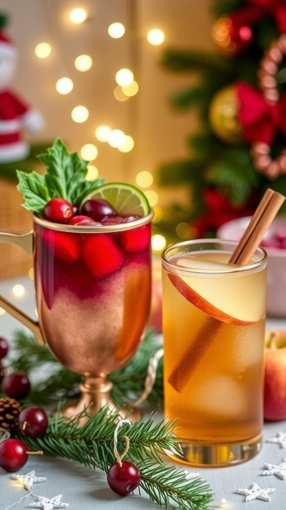 Two Christmas cocktails: a Cranberry Moscow Mule in a copper mug and a Spiced Apple Cider Cocktail with cinnamon stick, set against a festive backdrop.